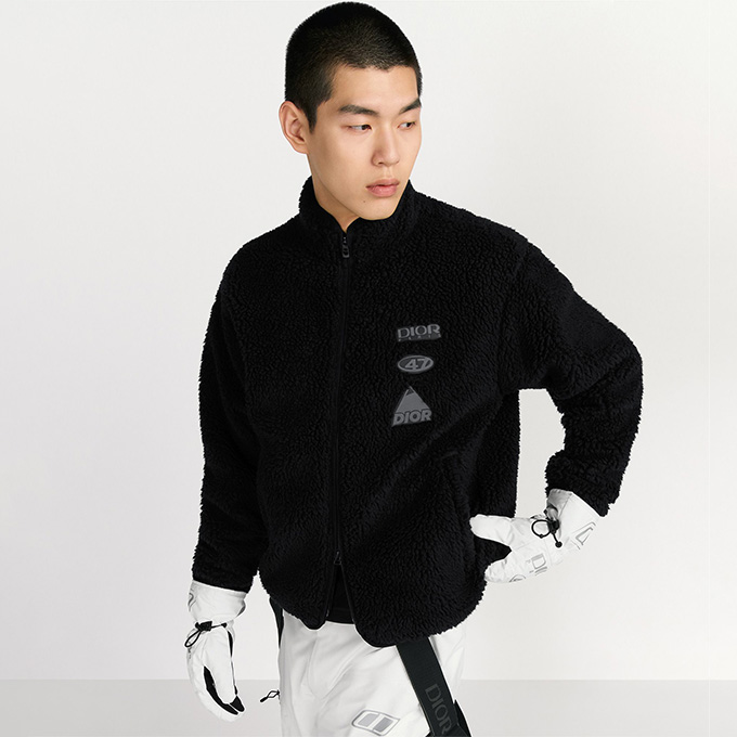 dior solid stand collar fleece zip jacket